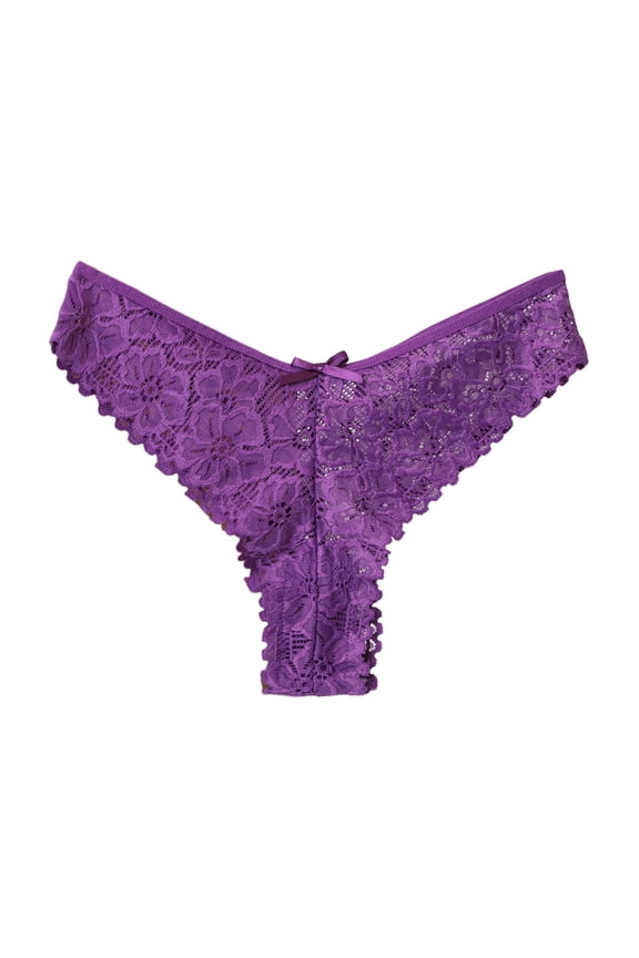 Women's Lace Bow Thongs T Back Low Waist Breathable Panties Sexy Seamless V-Shape Design Floral Lace (Purple, L)