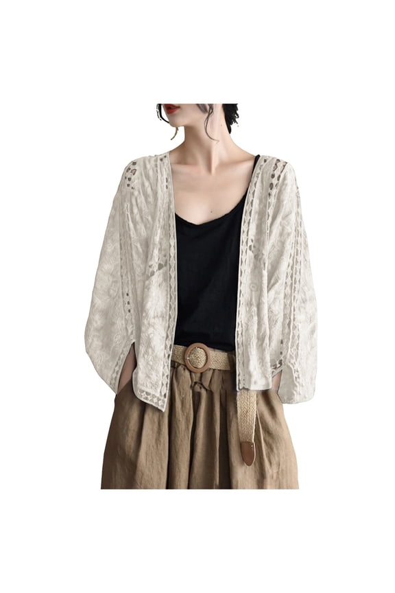 Women's Lace Embroidery Cardigan Boho Cropped Batwing Sleeve Open Front Oversized Bolero Shrugs (Beige, One Size)
