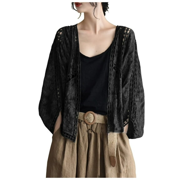 GEWSEY Women's Lace Embroidery Cardigan Boho Cropped Batwing Sleeve Open Front Oversized Bolero Shrugs (Black, One Size)