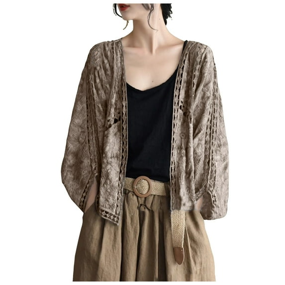 GEWSEY Women's Lace Embroidery Cardigan Boho Cropped Batwing Sleeve Open Front Oversized Bolero Shrugs (Gold, One Size)