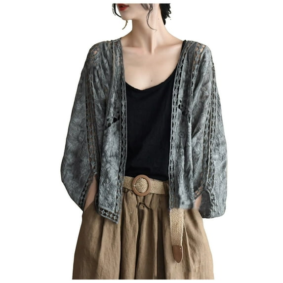 GEWSEY Women's Lace Embroidery Cardigan Boho Cropped Batwing Sleeve Open Front Oversized Bolero Shrugs (Grey, One Size)