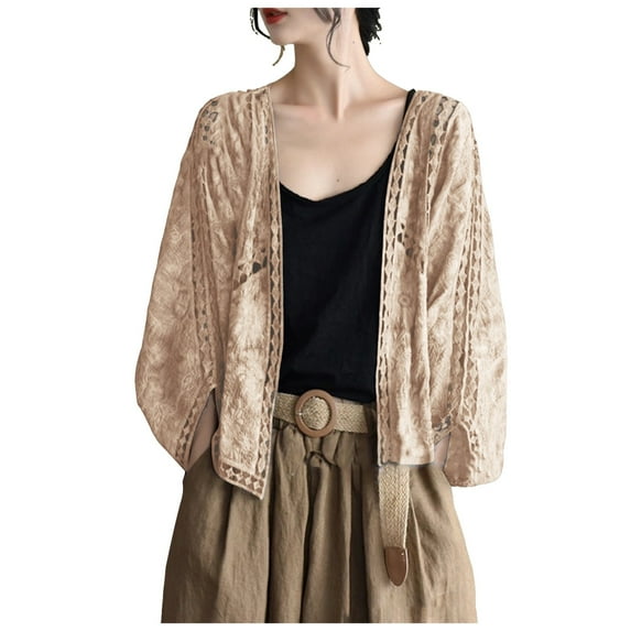 GEWSEY Women's Lace Embroidery Cardigan Boho Cropped Batwing Sleeve Open Front Oversized Bolero Shrugs (Yellow, One Size)