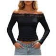 thumbnail image 1 of GEWSEY Women's Lace Off The Shoulder Crop Tops Y2k Goth Cinched Waist Long Sleeve Cropped T Shirts Going Out Outfits (Black, S), 1 of 7