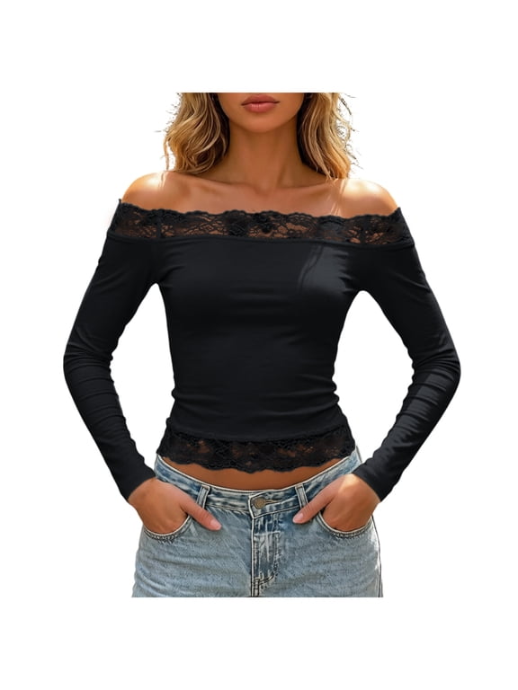 Women's Lace Off The Shoulder Crop Tops Y2k Goth Cinched Waist Long Sleeve Cropped T Shirts Going Out Outfits (Black, S)