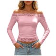 thumbnail image 1 of GEWSEY Women's Lace Off The Shoulder Crop Tops Y2k Goth Cinched Waist Long Sleeve Cropped T Shirts Going Out Outfits (Pink, L), 1 of 7