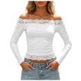 thumbnail image 1 of GEWSEY Women's Lace Off The Shoulder Crop Tops Y2k Goth Cinched Waist Long Sleeve Cropped T Shirts Going Out Outfits (White, M), 1 of 7
