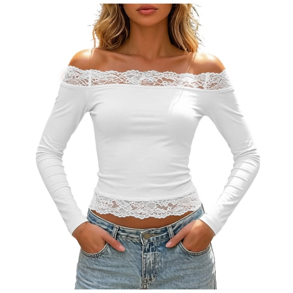 GEWSEY Women's Lace Off The Shoulder Crop Tops Y2k Goth Cinched Waist Long Sleeve Cropped T Shirts Going Out Outfits (White, M)