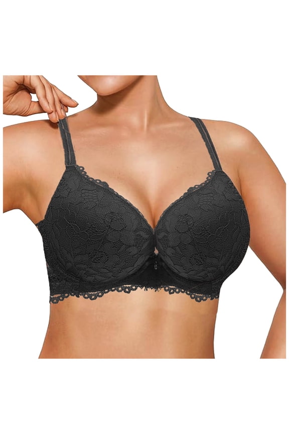 Women's Lace Push Up Bra Padded Support Full Coverage Plunge Everyday Lift Bra (Black, 30A)