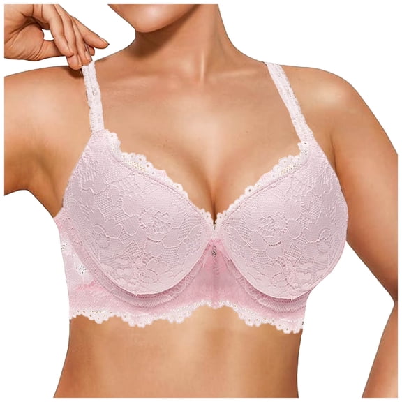 GEWSEY Women's Lace Push Up Bra Padded Support Full Coverage Plunge Everyday Lift Bra (Pink, 28C)