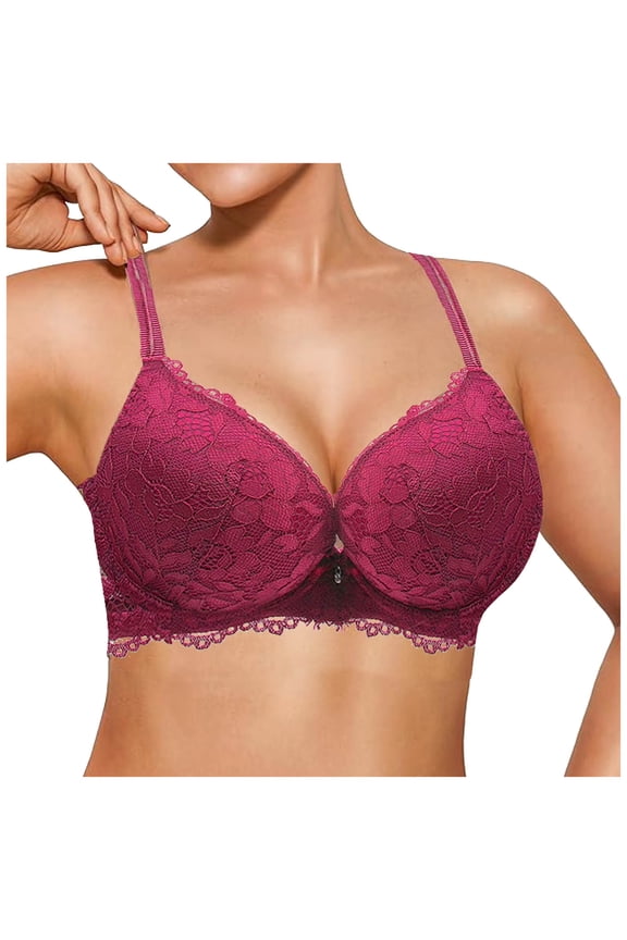 Women's Lace Push Up Bra Padded Support Full Coverage Plunge Everyday Lift Bra (Wine, 30A)