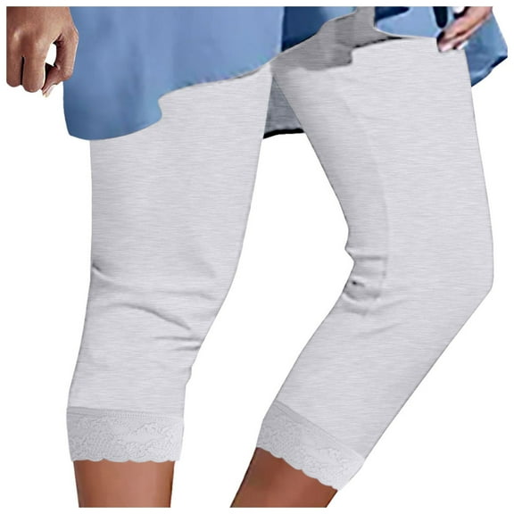 GEWSEY Women's Lace Trim Leggings 3/4 Length Capri Stretchy High Waist Yoga Cropped Leggings Lightweight Tights Leggings (White, L)