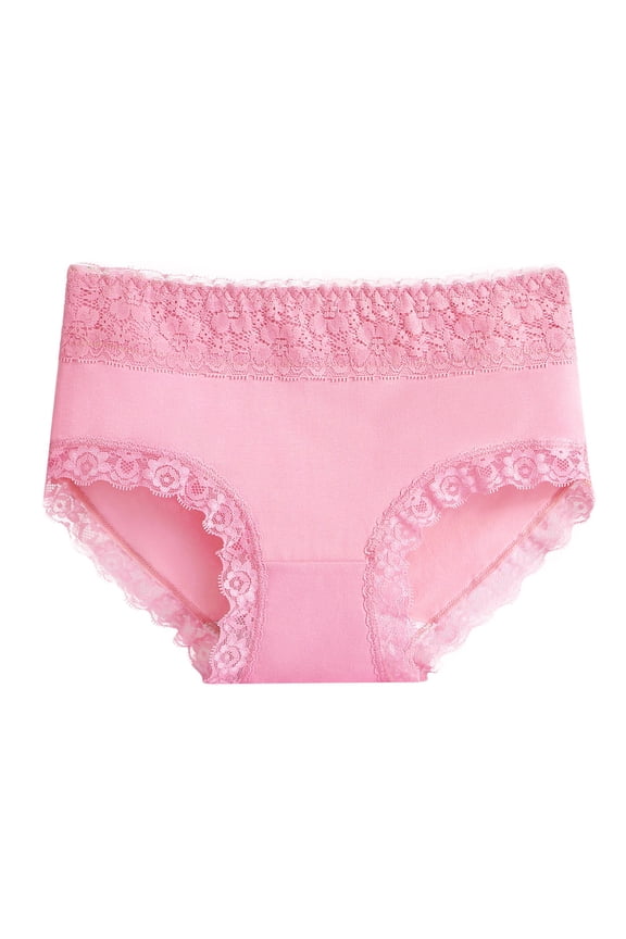 Women's Lace Trim Satin Briefs Mid Rise Ruched Cute Soft Breathable Underwear (Pink, M)