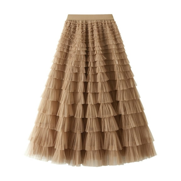 GEWSEY Women's Layered Tulle Skirts A Line Ruffle High Waisted Mesh Long Maxi Skirt Petticoat (Khaki, L)