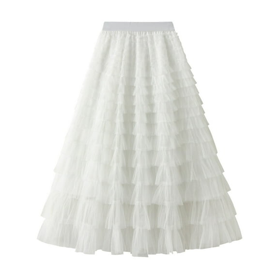 GEWSEY Women's Layered Tulle Skirts A Line Ruffle High Waisted Mesh Long Maxi Skirt Petticoat (White, M)
