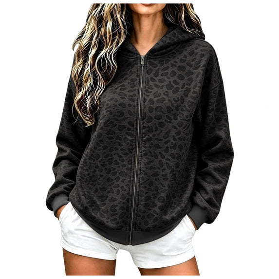GEWSEY Women's Leopard Zip Up Hoodies Fall Y2K Graphic Hooded Sweatshirt Casual Oversized Warm Fleece Athletic Track Jacket Coat (Black, XL)