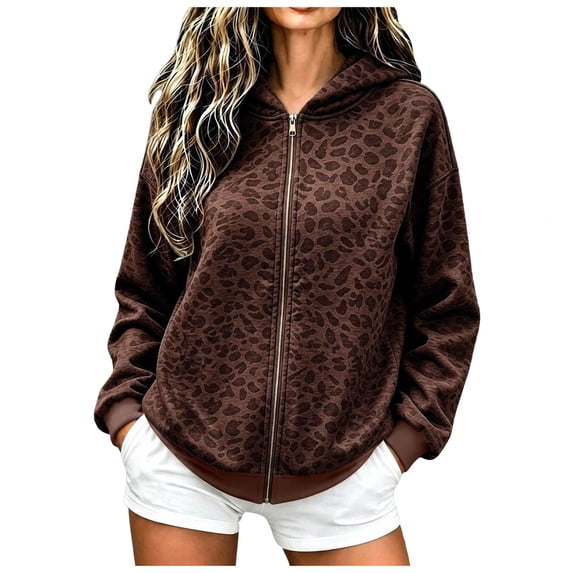 GEWSEY Women's Leopard Zip Up Hoodies Fall Y2K Graphic Hooded Sweatshirt Casual Oversized Warm Fleece Athletic Track Jacket Coat (Brown, XXL)