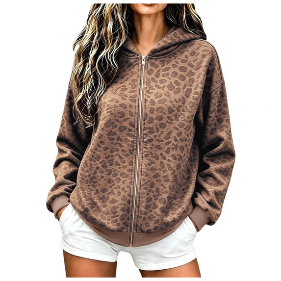 GEWSEY Women's Leopard Zip Up Hoodies Fall Y2K Graphic Hooded Sweatshirt Casual Oversized Warm Fleece Athletic Track Jacket Coat (Coffee, L)