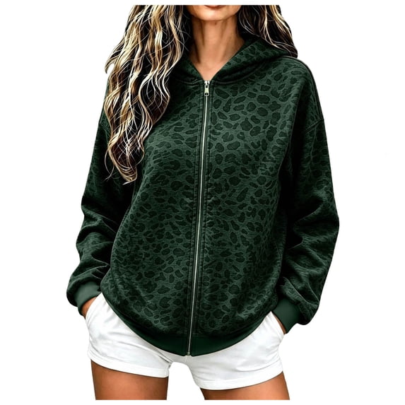 GEWSEY Women's Leopard Zip Up Hoodies Fall Y2K Graphic Hooded Sweatshirt Casual Oversized Warm Fleece Athletic Track Jacket Coat (Dark Green, XL)