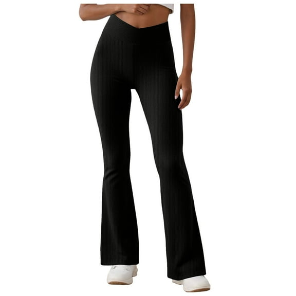 GEWSEY Women's Lettuce Trim Bell Bottom Flare Pant Elastic High Waist Wide Leg Pants (Black, M)