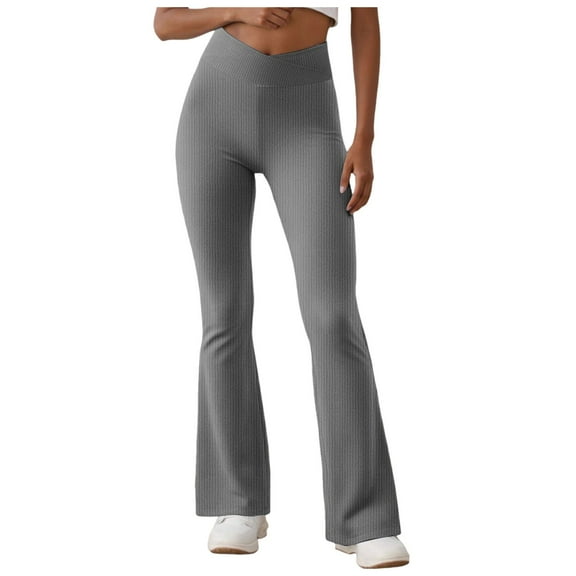 GEWSEY Women's Lettuce Trim Bell Bottom Flare Pant Elastic High Waist Wide Leg Pants (Light Gray, S)