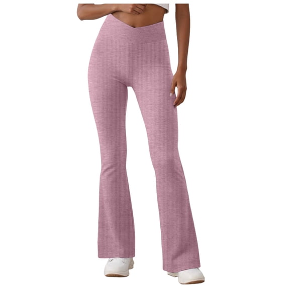 GEWSEY Women's Lettuce Trim Bell Bottom Flare Pant Elastic High Waist Wide Leg Pants (Pink, S)