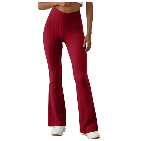 GEWSEY Women's Lettuce Trim Bell Bottom Flare Pant Elastic High Waist Wide Leg Pants (Red, M)