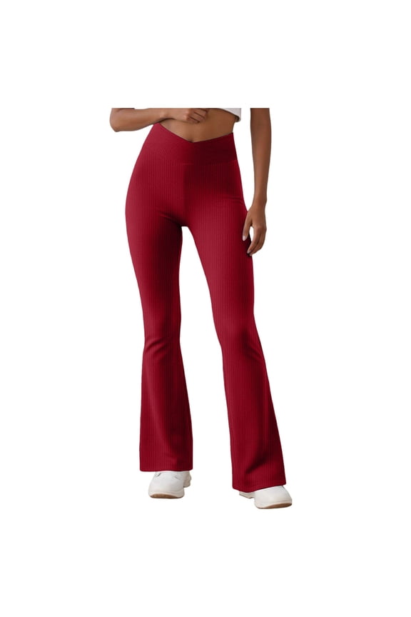 Women's Lettuce Trim Bell Bottom Flare Pant Elastic High Waist Wide Leg Pants (Red, M)