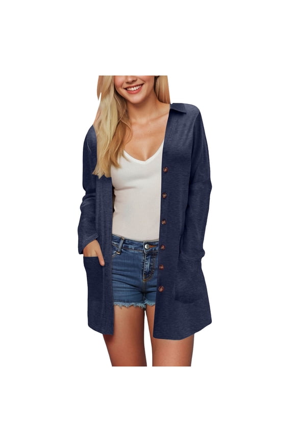 Women's Lightweight Cardigan Summer Long Open Front Button Down Trendy Loose Outwear with Pockets (Navy, S)