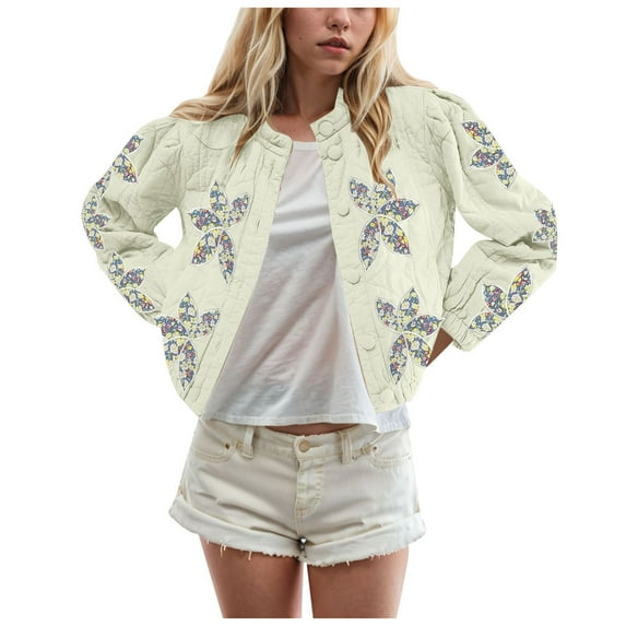 GEWSEY Women's Lightweight Floral Embroidered Cropped Quilted Jacket Winter Warm Button Down Puffer Jacket Coat with Pockets (Beige, M)