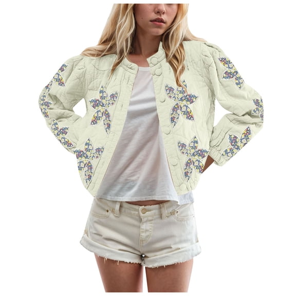 GEWSEY Women's Lightweight Floral Embroidered Cropped Quilted Jacket Winter Warm Button Down Puffer Jacket Coat with Pockets (Beige, S)
