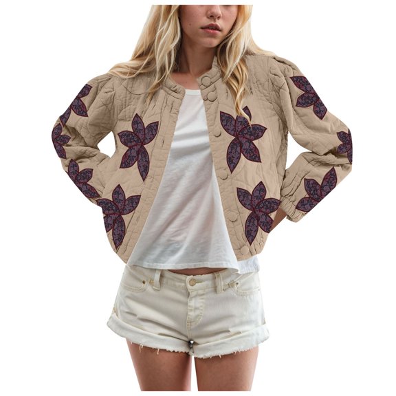GEWSEY Women's Lightweight Floral Embroidered Cropped Quilted Jacket Winter Warm Button Down Puffer Jacket Coat with Pockets (Khaki, L)