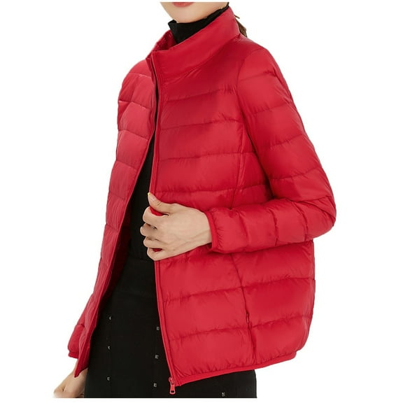 GEWSEY Women's Lightweight Packable Down Jacket Quilted Puffer Coat with Stand Collar (Red, L)
