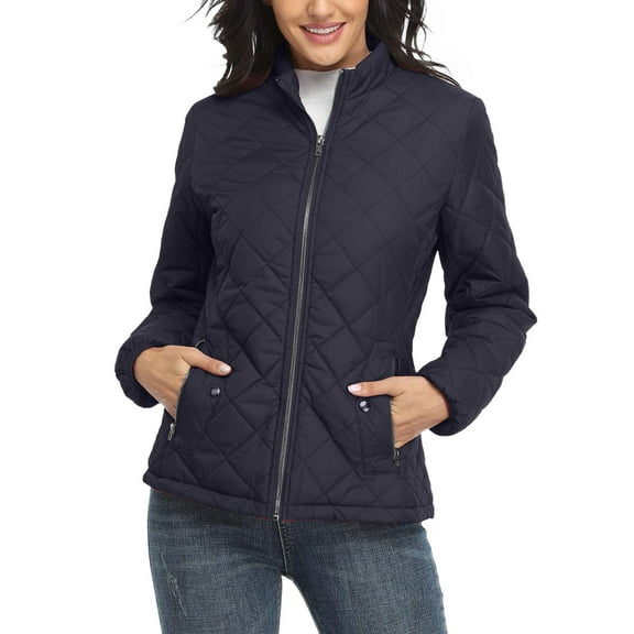 GEWSEY Women's Lightweight Quilted Jacket Stand Collar Zip Warm Winter Coat Outwear w 2 Pockets (Navy, L)