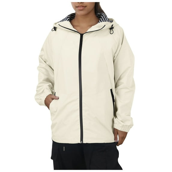 GEWSEY Women's Ligtweight Jackets Anorak Utility Drawstring Waist Hoodie Zip Up Fall Casual Coat with Pockets (Light Yellow, L)