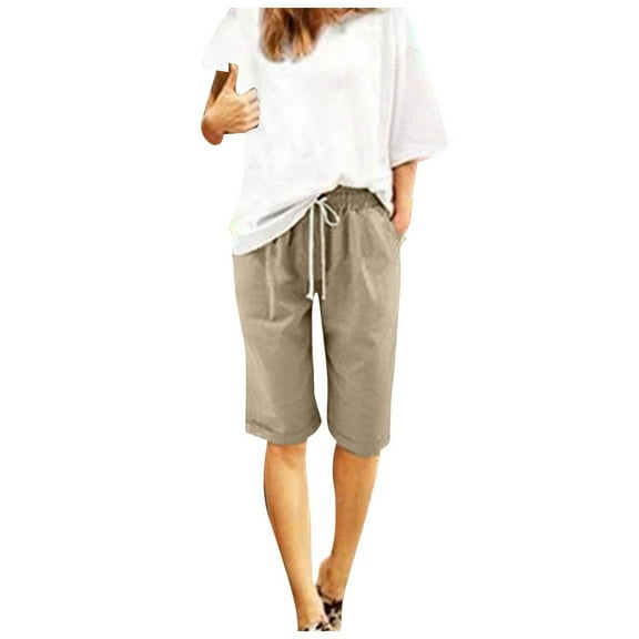 GEWSEY Women's Linen Capri Shorts Casual Baggy Knee Length 3/4 Pants Summer Drawstring Beach Pants Lounge Shorts with Pockets (Khaki, XL)