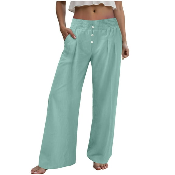 GEWSEY Women's Linen Summer Palazzo Pants Casual High Waist Flowy Wide Leg Pant Beach Trousers with Pocket (Mint Green, XXL)