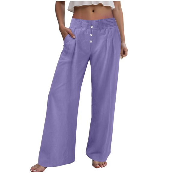 GEWSEY Women's Linen Summer Palazzo Pants Casual High Waist Flowy Wide Leg Pant Beach Trousers with Pocket (Purple, XXL)
