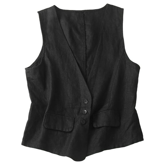 GEWSEY Women's Linen Vest Casual Formal Business Work Waistcoat Summer V neck Sleeveless Jacket (Black, M)