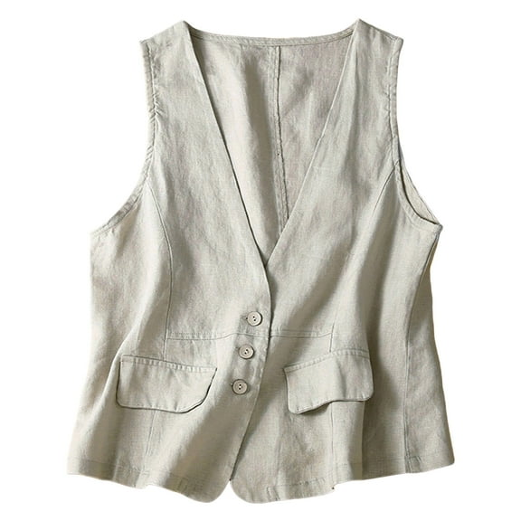 GEWSEY Women's Linen Vest Casual Formal Business Work Waistcoat Summer V neck Sleeveless Jacket (Grey, M)