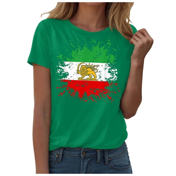 GEWSEY Women's Lion Sword Sun Iran Flag Crew Neck Short Sleeve Cotton T-Shirt (Green, 3XL)