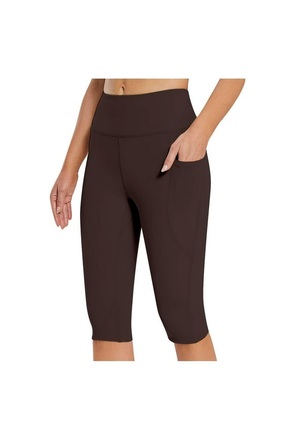 Women's Long Biker Shorts Knee Length Leggings High Waist Tummy Control Yoga Capris w Pockets for Summer Workout Brown, M