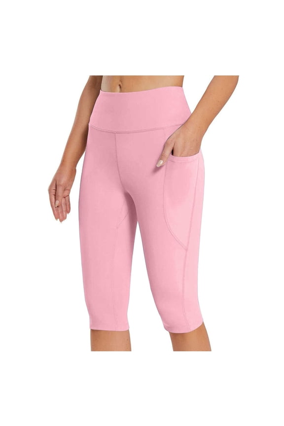 Women's Long Biker Shorts Knee Length Leggings High Waist Tummy Control Yoga Capris w Pockets for Summer Workout Pink, M