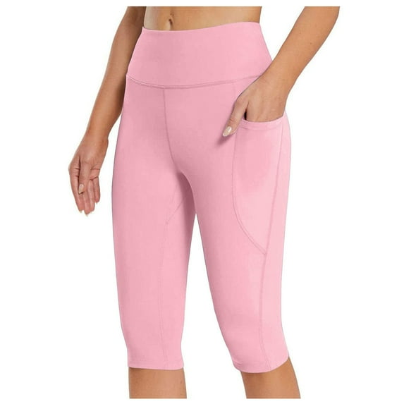 GEWSEY Women's Long Biker Shorts Knee Length Leggings High Waist Tummy Control Yoga Capris w Pockets for Summer Workout Pink, XL