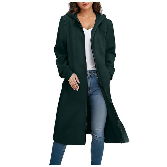 GEWSEY Women's Long Hoodies Fleece Lined Zip Up Sweatshirt Jackets with Pockets Cozy Tunic Sweatshirts Fall Outerwear Hoodie (Dark Green, L)