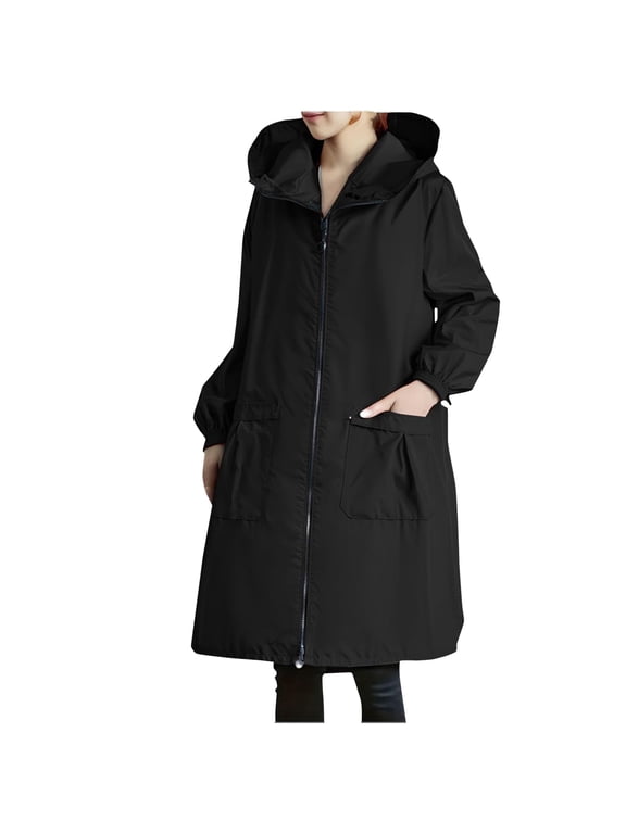 Women's Long Rain Jacket Waterproof Lightweight Hooded Raincoat Packable Knee Length Rain coat (Black, XL)