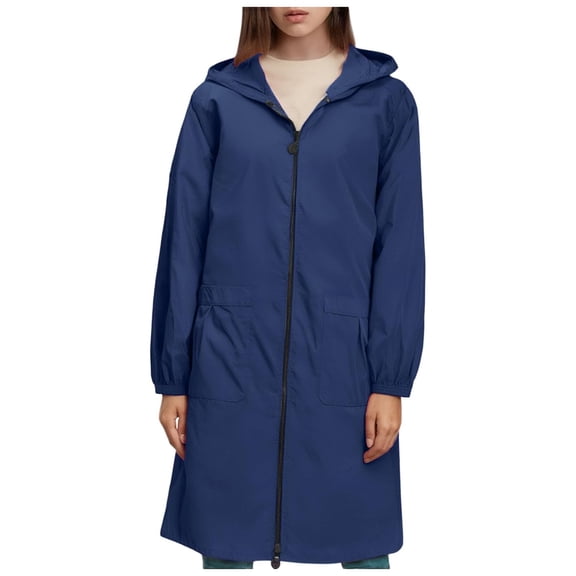 GEWSEY Women's Long Rain Jacket Waterproof Lightweight Hooded Raincoat Packable Knee Length Rain coat (Navy, XXL)