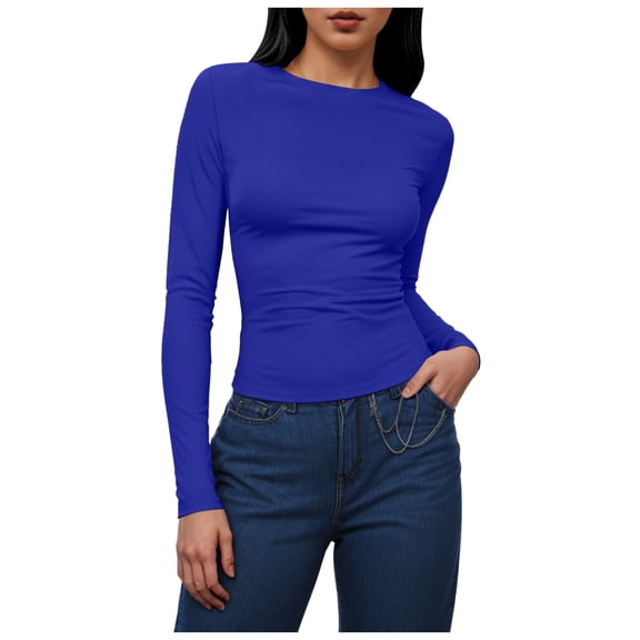GEWSEY Women's Long Sleeve Crew Neck Shirts Fall Basic Casual Ruched Side Slim Fit T Shirts Tee Tops (Dark Blue, XS)