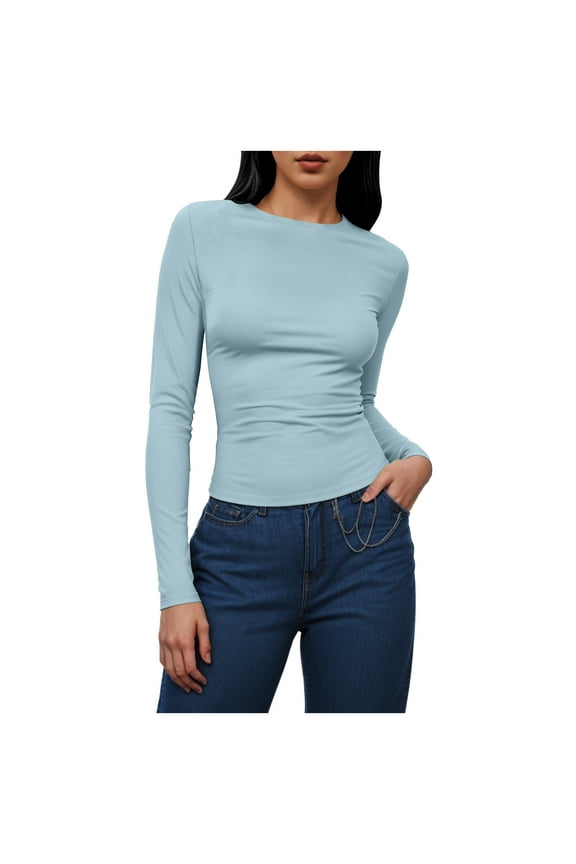 Women's Long Sleeve Crew Neck Shirts Fall Basic Casual Ruched Side Slim Fit T Shirts Tee Tops (Light Blue, L)