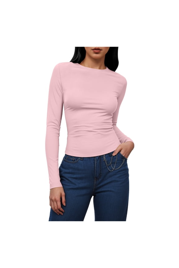 Women's Long Sleeve Crew Neck Shirts Fall Basic Casual Ruched Side Slim Fit T Shirts Tee Tops (Light Pink, S)