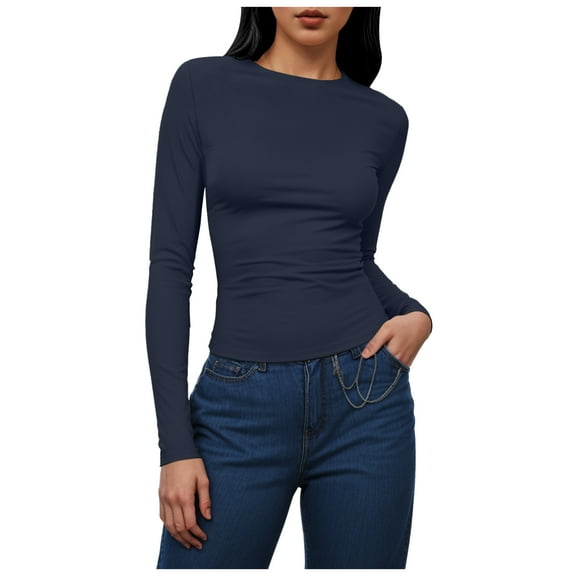 GEWSEY Women's Long Sleeve Crew Neck Shirts Fall Basic Casual Ruched Side Slim Fit T Shirts Tee Tops (Navy, M)